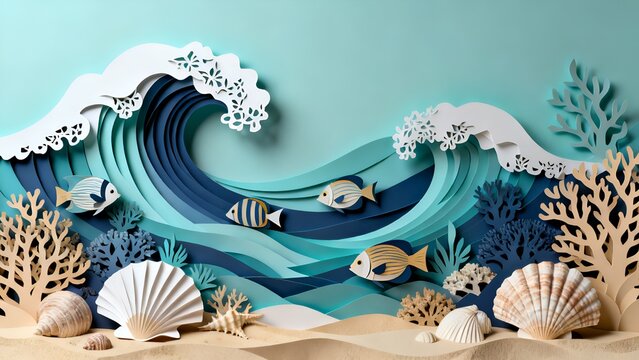 Underwater wave crashing with tropical sea life. Vibrant coral reef and seashells in ocean habitat scene.