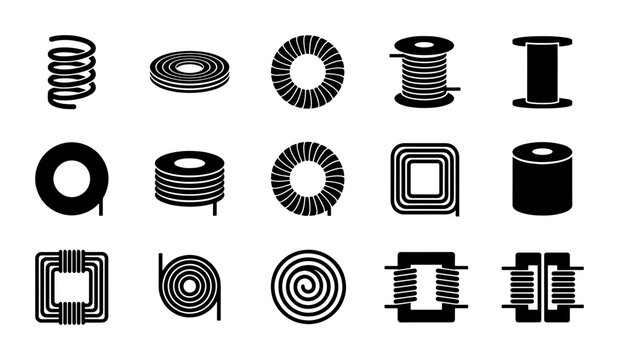 Coil and Inductor Icons Set, Electrical Component Vector Graphics, Electronic Circuit Elements Collection, Black and White Industrial Symbols