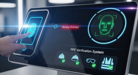 Fototapeta premium Hightech biometric dashboard featuring fingerprint and facial recognition integrated with PPE verification system for secure access control.