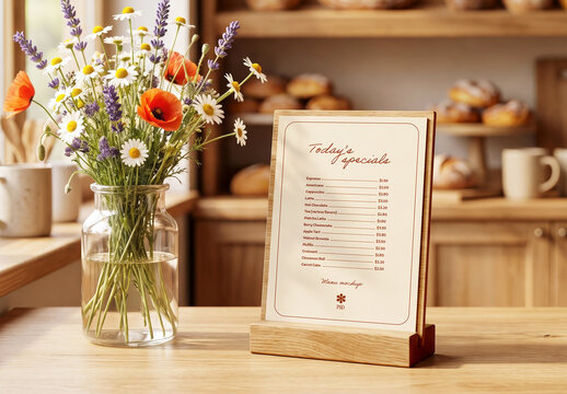 Standing Menu Card Mockup on Wooden Stand