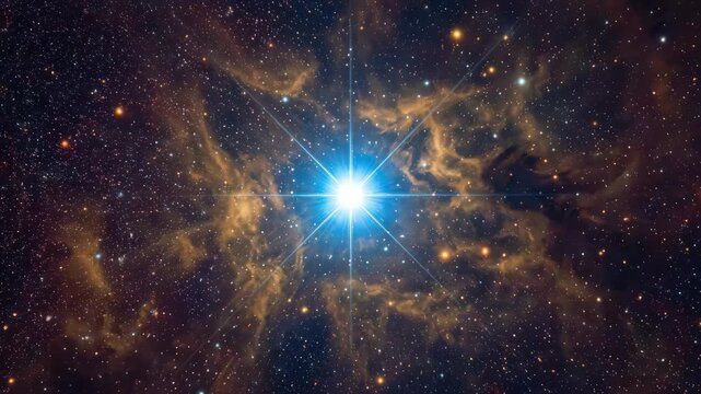 Bright star glowing and pulsating in deep space nebula for astronomy and science content