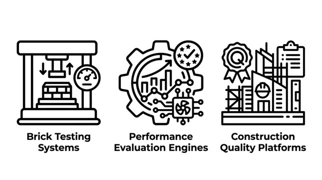 Brick testing and performance evaluation construction icons with construction performance evaluation analysis engineering building materials industry industrial monitoring certification