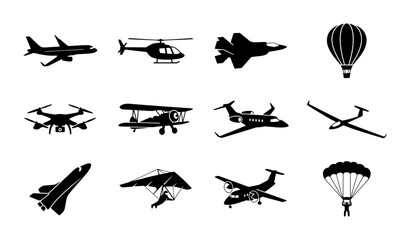 Diverse Aviation Icons Collection: Aircraft, Drones, Space Shuttle, Hot Air Balloon, Parachute, Glider, Biplane, Jet, Helicopter, Airplane Silhouettes for Transport and Travel Graphics © Asraful