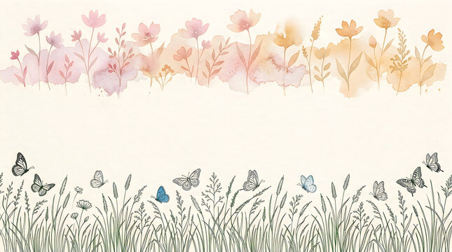 Beautiful meadow border with wild grass flowers and flying butterflies in artistic watercolor style
