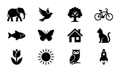 Obraz premium Diverse Silhouette Icons Collection: Animals, Nature, Objects, and Symbols for Web and Print Design
