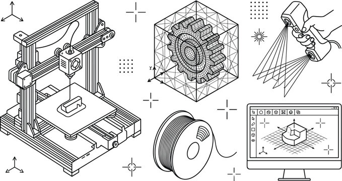 Isometric 3D Printer and Rapid Prototyping Line Art Vector Set with Filament Spool, Handheld Scanner, CAD Modeling Screen, and Wireframe Gear Concept Elements