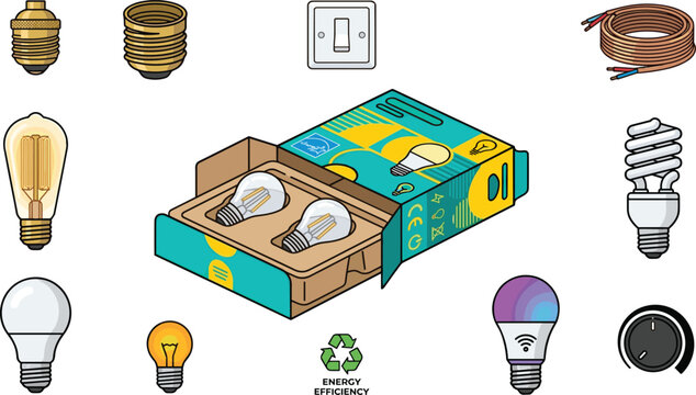 Light Bulb and Electrical Equipment Icon Set with LED Bulbs Packaging Box Smart Bulb Edison Bulb Wire and Dimmer Switch Vector Elements