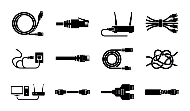 Ethernet Cable Icons, Network Connection Symbols, Internet Cord Graphics, Computer Networking Vector Set, Technology Connectivity Elements