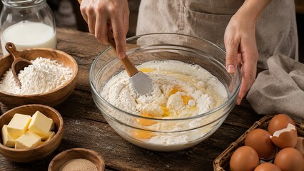 Fototapeta premium Hands preparing baking ingredients by mixing flour eggs and milk in a clear bowl with butter and sugar on a rustic wooden table ready to create delicious homemade treats