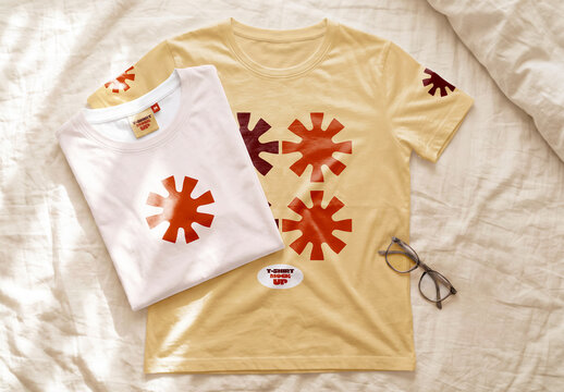 Folded T-Shirt Mockup on Bed