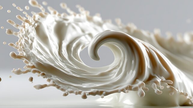 Fresh milk splash forming elegant spiral shape. Creamy white liquid swirling in dynamic motion for food photography.