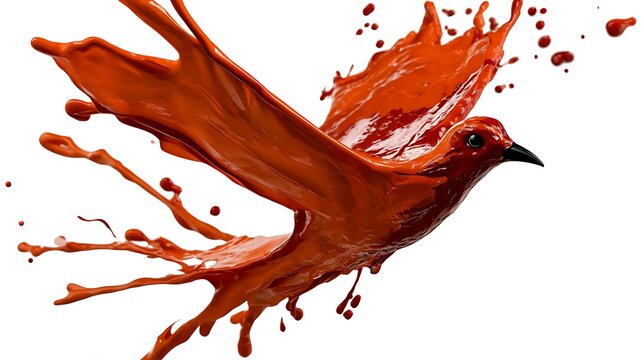 Fiery liquid phoenix splash. Abstract bird shape made of orange and red paint explosion.