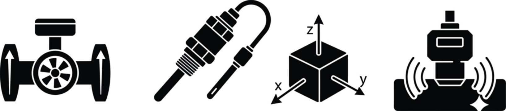 Industrial sensor and measurement instrument vector icon set featuring flow meter temperature accelerometer and ultrasonic sensors