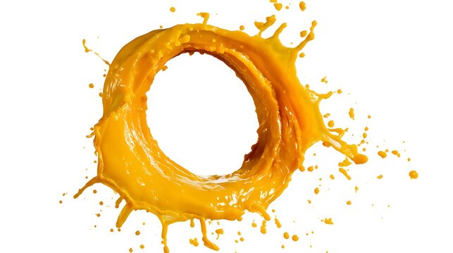 Fresh orange juice splash in a circular burst. Liquid ring of citrus fruit drink isolated.