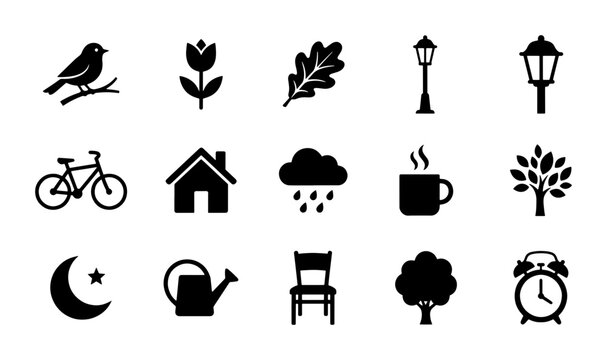 Nature and Home Icons Set, 15 Vector Elements for Design: Bird, Flower, Oak Leaf, Lamp Posts, Bicycle, House, Rain Cloud, Coffee Mug, Tree, Crescent Moon, Watering Can, Chair, and Alarm Clock