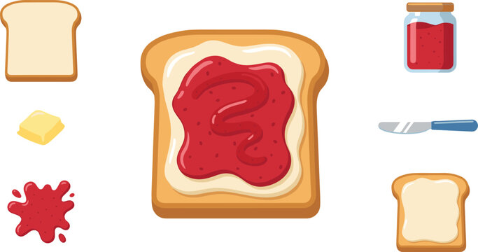 Delicious sweet toast with strawberry jam vector illustration set with bread slice butter cube fruit preserve jar and butter knife