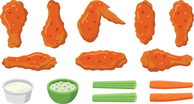Crispy buffalo chicken wings vector illustration set with hot spicy glaze blue cheese dip ranch sauce celery sticks and carrots