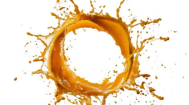 Fresh orange juice splash in a circular burst. Liquid ring explosion isolated on white.