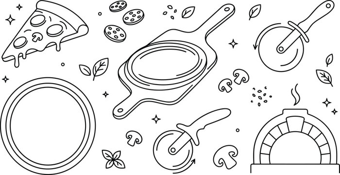 Pizza Making and Italian Pizzeria Culinary Line Art Vector Set with Pizza Slices, Wooden Peel, Slicing Wheels, and Brick Oven Elements