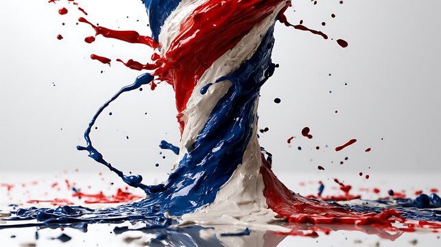 Red white and blue paint tornado. Patriotic liquid splash vortex on white background.