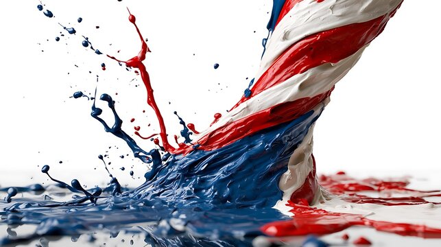 Red white and blue paint splash tornado. Patriotic liquid swirl isolated on white background.