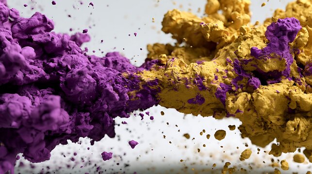 Purple and gold ink clouds colliding. Abstract liquid paint explosion on white background.