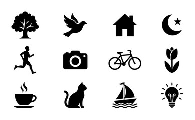 Fototapeta premium Twelve Simple Black Icons: Tree, Bird, House, Moon, Runner, Camera, Bicycle, Tulip, Coffee, Cat, Sailboat, Lightbulb. Vector Set for Design.