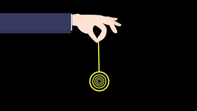 Hand holding swinging hypnotic spiral pendulum concept.