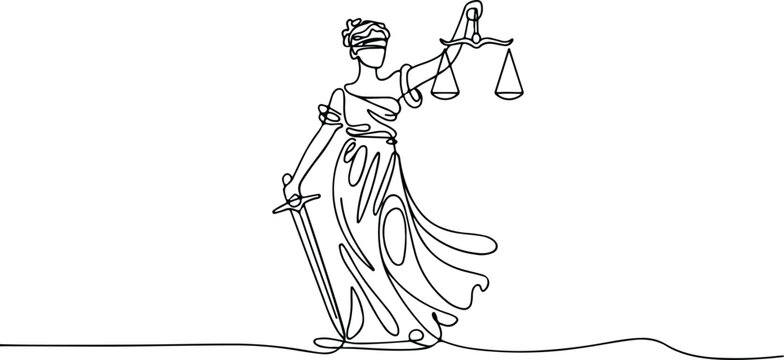 Continuous line drawing of lady justice holding scales and sword