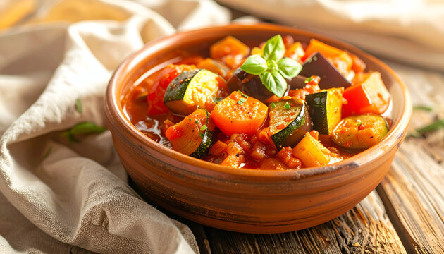 Delicious Ratatouille Stew in Rustic Bowl on Wooden Table.