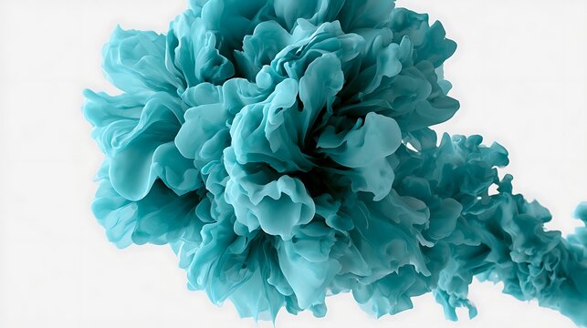 Turquoise ink explosion in water. Abstract blue paint cloud swirling in liquid background.