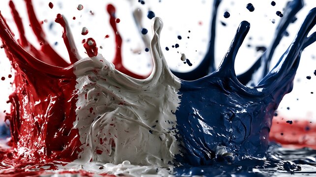 Vibrant red, white, and blue paint splashing together in dynamic motion. High-impact liquid color collision with glossy texture and energy.