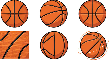 Fototapeta premium Basketball Vector Icon Set with Multiple Angles Motion Effect and Seamless Texture Closeup Graphic Elements for Sports Tournaments and Games Design