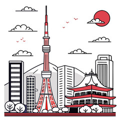Naklejka premium Tokyo city skyline illustration with the iconic red and white tower and traditional japanese temple architecture