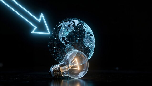 Global energy decline symbolized by glowing arrow and lit bulb against digital Earth.