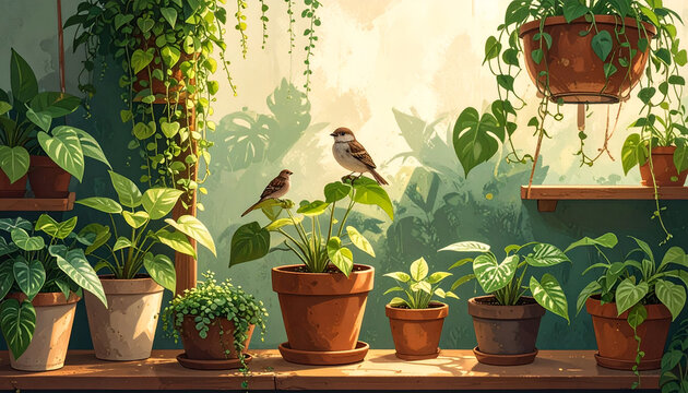 Charming indoor garden scene with two sparrows perched amongst lush green plants bathed in warm sunlight.