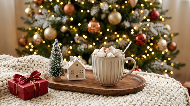 Hot chocolate mug with marshmallows on a wooden tray with christmas decorations and tree