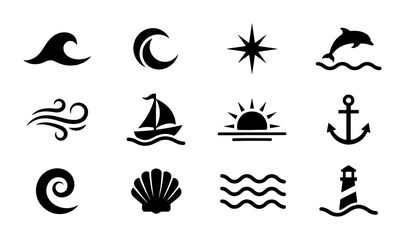 Fototapeta premium Nautical Icons Set, Marine Symbols Collection, Ocean Wave, Dolphin, Sailboat, Anchor, Lighthouse, Seashell, Star, Sun, Wind, Swirl, Vector Graphics for Maritime Themes