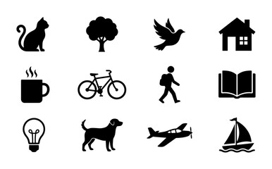 Fototapeta premium 12 Simple Black Icons: Cat, Tree, Bird, House, Coffee, Bike, Walker, Book, Lightbulb, Dog, Plane, Sailboat - Versatile Vector Set for Design