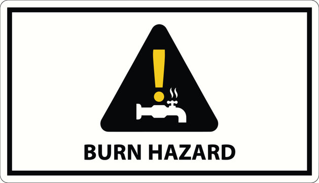 Industrial caution burn hazard warning sign with a tap and steam warning icon on white background.