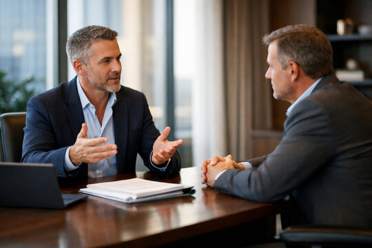 Business consultant advises company owner during strategic planning meeting, supporting business growth, leadership, decision making and professional consulting in modern office with copy space.