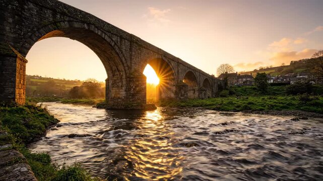 Stone Bridge Over River at Sunrise: An ancient stone bridge with impressive arches spans a flowing river, bathed in the warm, golden light of sunrise.
