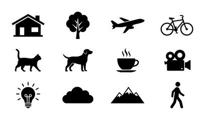 Obraz premium Set of 12 Simple Black Icons: House, Tree, Airplane, Bicycle, Cat, Dog, Coffee, Camera, Lightbulb, Cloud, Mountains, Person Walking