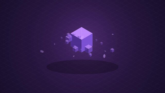 Isometric 3D purple floating cube with digital fragments on dark grid background