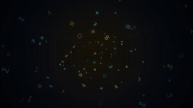Abstract Digital Background Featuring Floating Colorful Letters and Numerical Data Symbols in a Dark Technology Environment