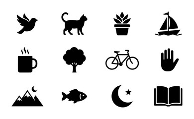 Fototapeta premium Set of 12 Simple Black Icons: Bird, Cat, Plant, Sailboat, Coffee Cup, Tree, Bicycle, Hand, Mountains, Fish, Moon, Book. Clean Vector Graphics for Lifestyle and Nature Themes.