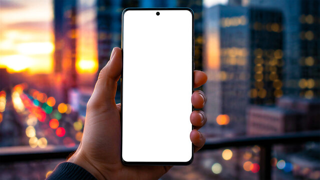 Urban Connectivity: A hand holds a smartphone with a blank white screen against a vibrant cityscape at dusk, symbolizing modern technology and urban life.