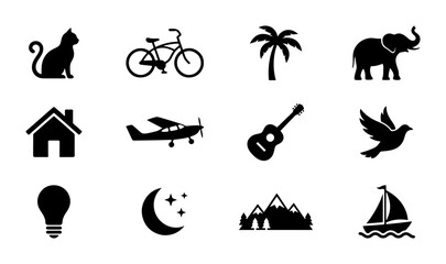 Obraz premium Vector Icon Set: 12 Silhouette Graphics for Travel, Nature, and Lifestyle Concepts. Includes Cat, Bicycle, Palm Tree, Elephant, House, Airplane, Guitar, Dove, Lightbulb, Moon, Mountains