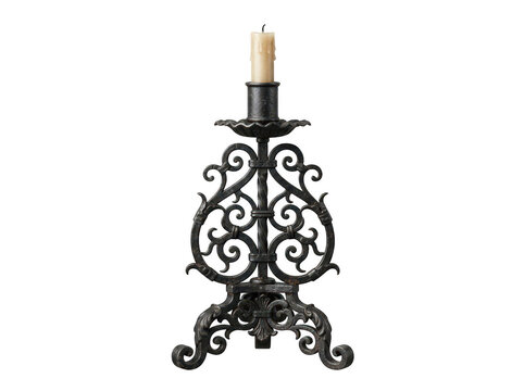 Ornate wrought iron candlestick holder with candle isolated on transparent background. Great for medieval interior.