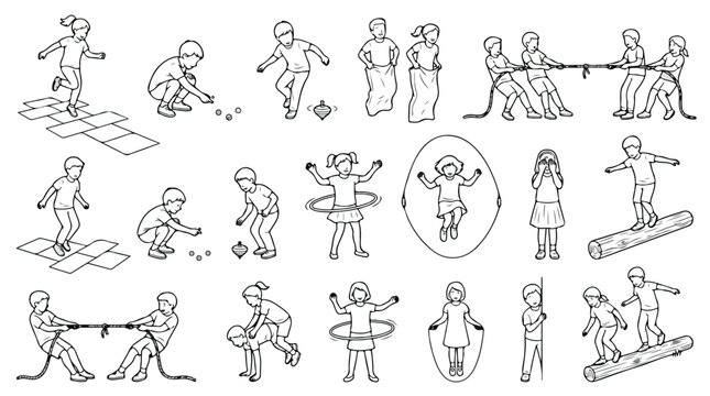 Traditional playground games vector set, children playing outdoor activities line art, kids enjoying classic schoolyard sports and games isolated PNG with Transparent Background